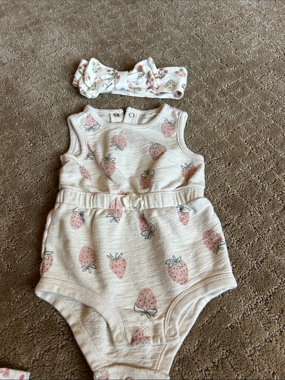 Cream Baby Romper with Pink Strawberry Print and Matching Headband
